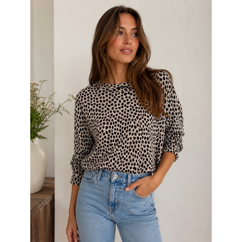 J.Crew Womens XL Lambswool Animal Print Crewneck Sweater Dalmatian Dot Tan Black
